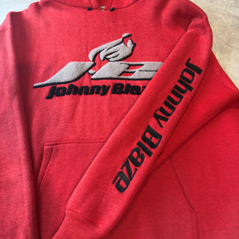 Johnny Blaze chenille logo and sleeve embroidery close up