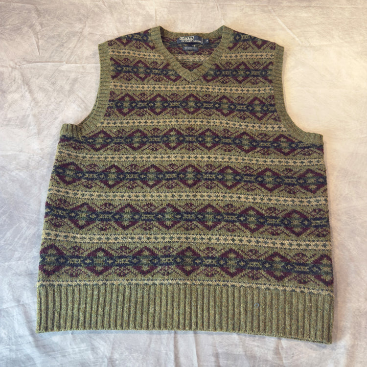 90s Polo Ralph Lauren Camel Hair Fair Isle Sweater Vest Olive Burgundy Navy