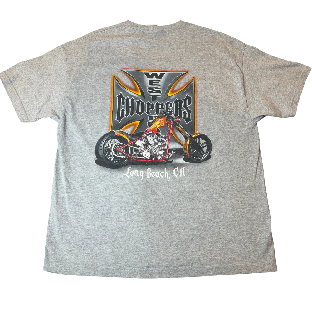 Vintage West Coast Choppers tee back with chopper graphic and Long Beach, CA